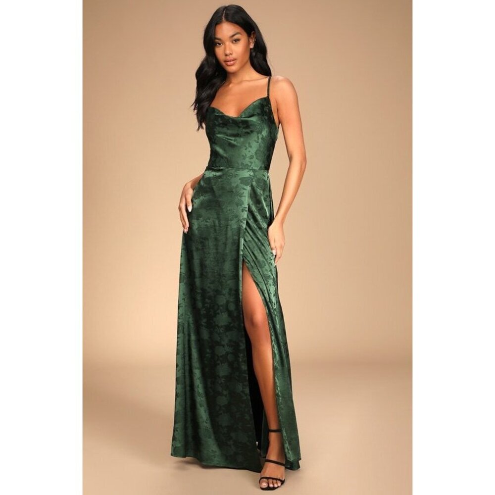 Lulus Simply Dreamy Emerald Green Satin Floral Jacquard Maxi Dress - Size XS